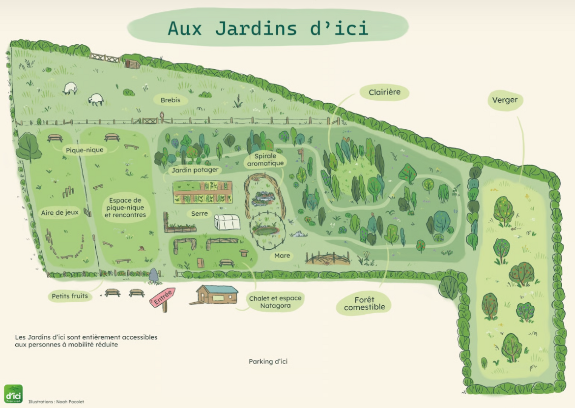 Plan illustré des jardins d'ici avec ses différentes zones (verger, forêt nourricière, aire de jeu, aire de pic-nic, serre, potager en permaculture, spirale aromatique, mare, chalet d'accueil de Natagora...