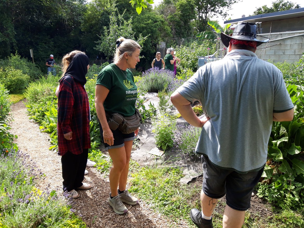 Dans un jardin, une volontaire natagora, une femme voilée et un homme vu de dos portant un chapeau observent les plantes. en arrière plan on aperçoit un autre groupe de personnes également en train d'observer les plantes du jardin